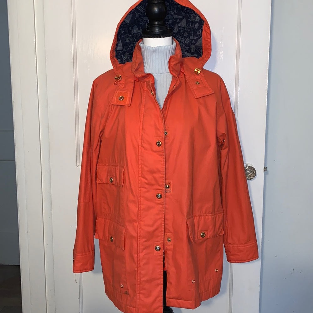 Lauren Ralph Lauren Orange Raincoat / Trench Sz Med Removable Hood Navy lining